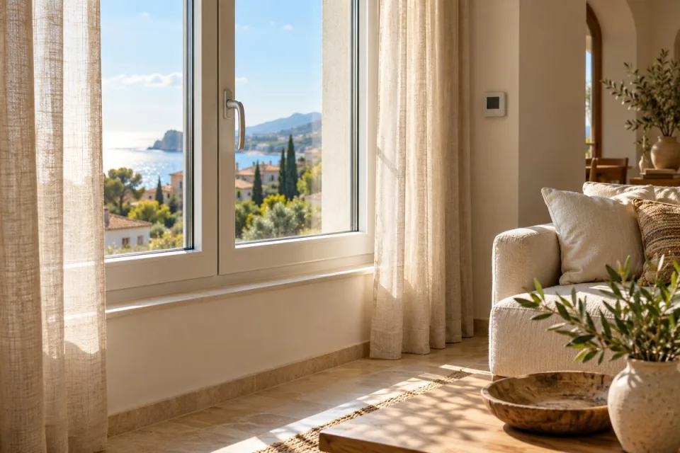 Ventana de doble acristalamiento y luz natural en una vivienda mediterránea. Imagen ilustrativa.