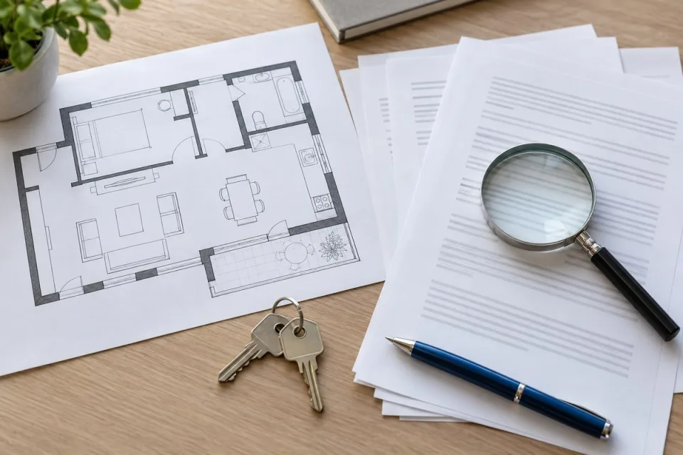 Plano, llaves y documentación ficticia para ilustrar la revisión de un inmueble antes de comprar.