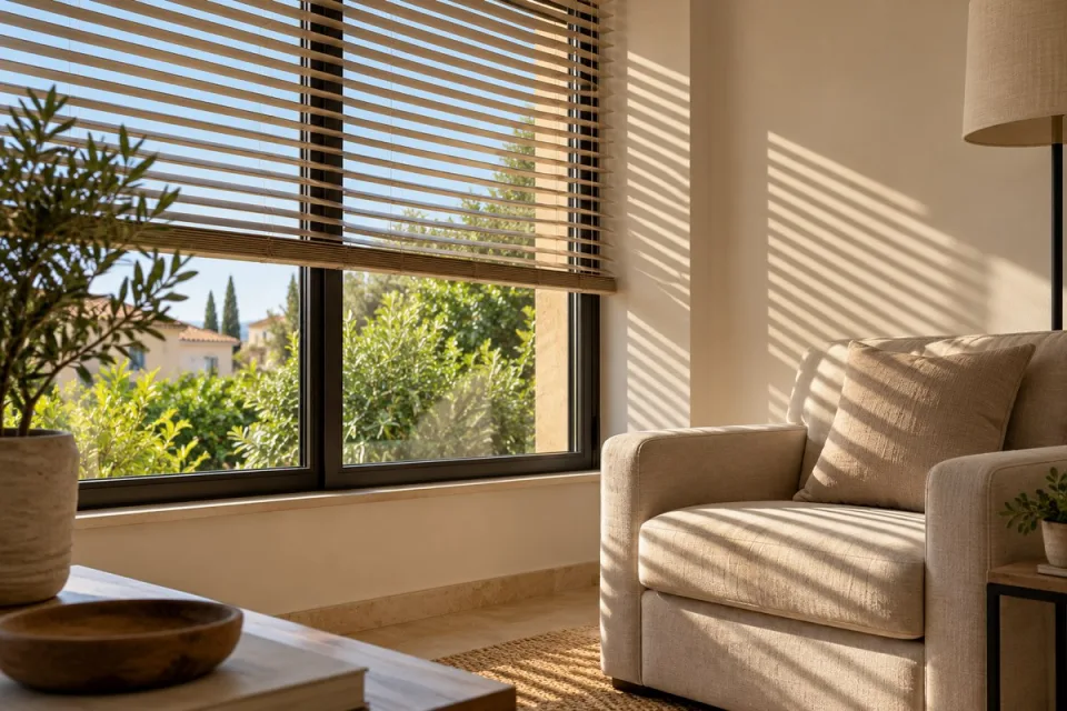 Luz natural filtrada por persianas en un salón mediterráneo